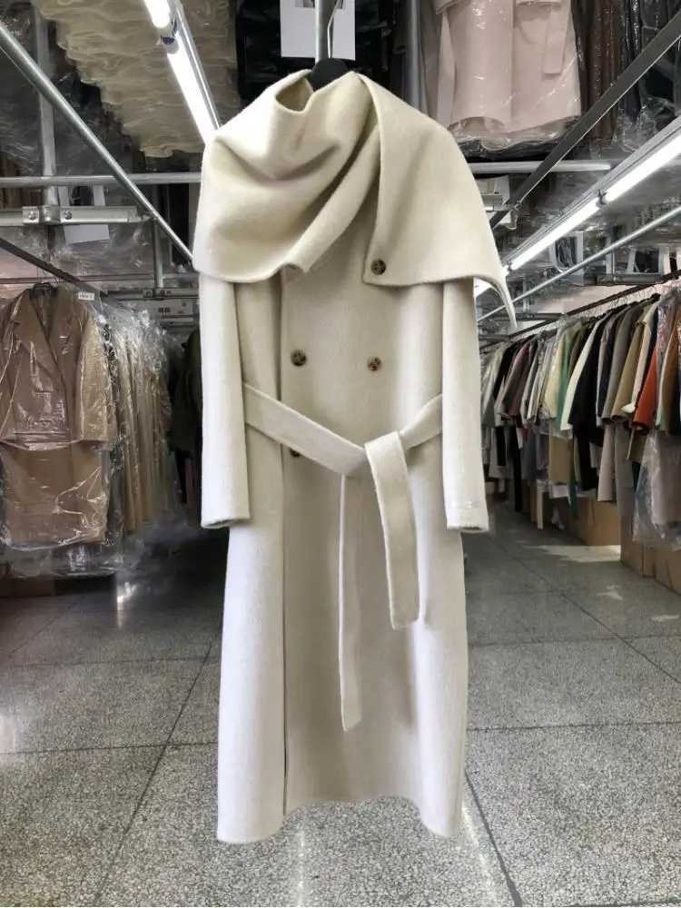 Large Scarf Collar DoubleBreasted Office Lady Woolen Jackets 2024 Autumn And Winter Rabbit Hair Alpaca Women Long Wool CoatsT251101
