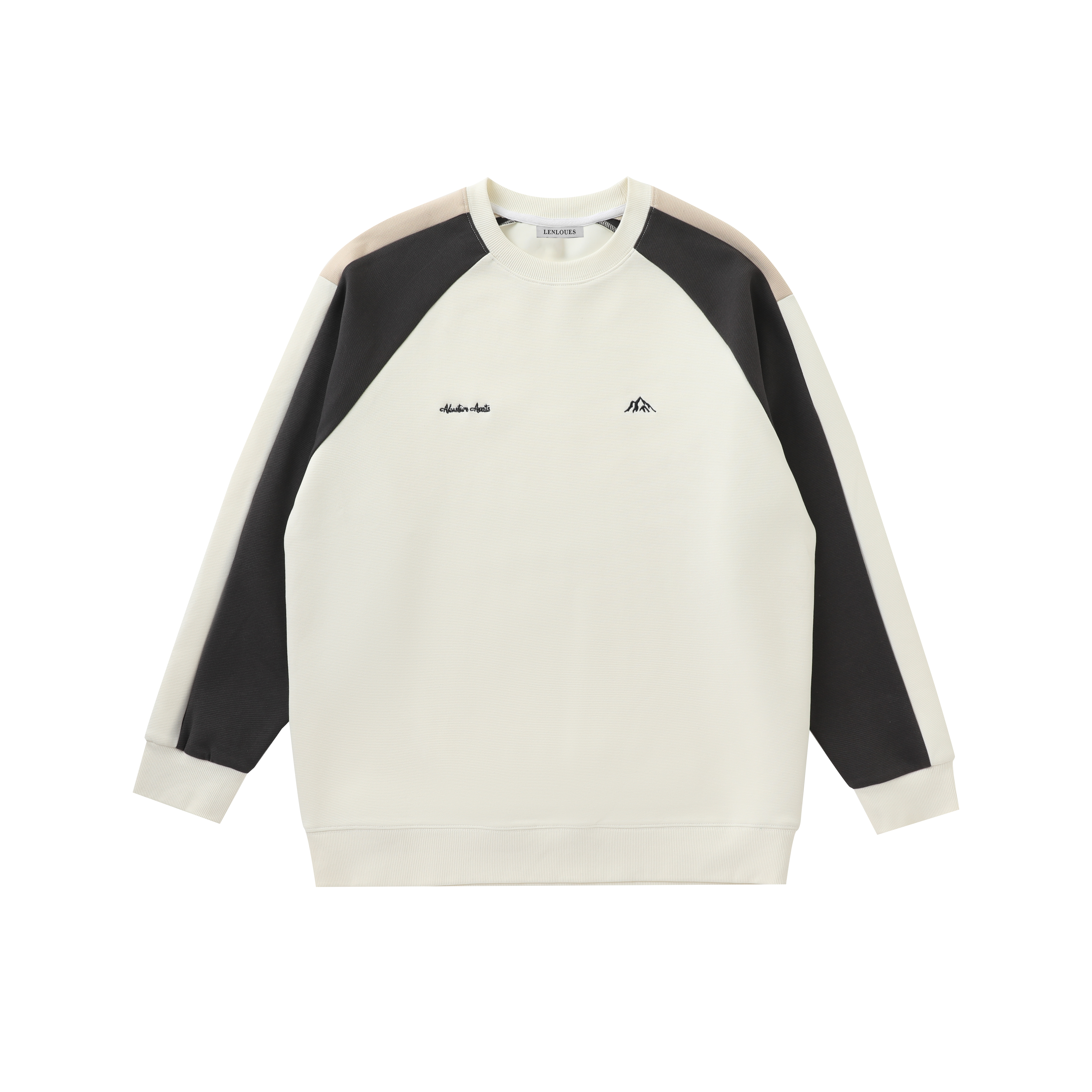 LENLOUES Men's Raglan Sleeve Crew Neck Sweatshirt - Beige & Black Color Block with Mountain Embroidery, Casual Outdoor Streetwear Top LNS-1012