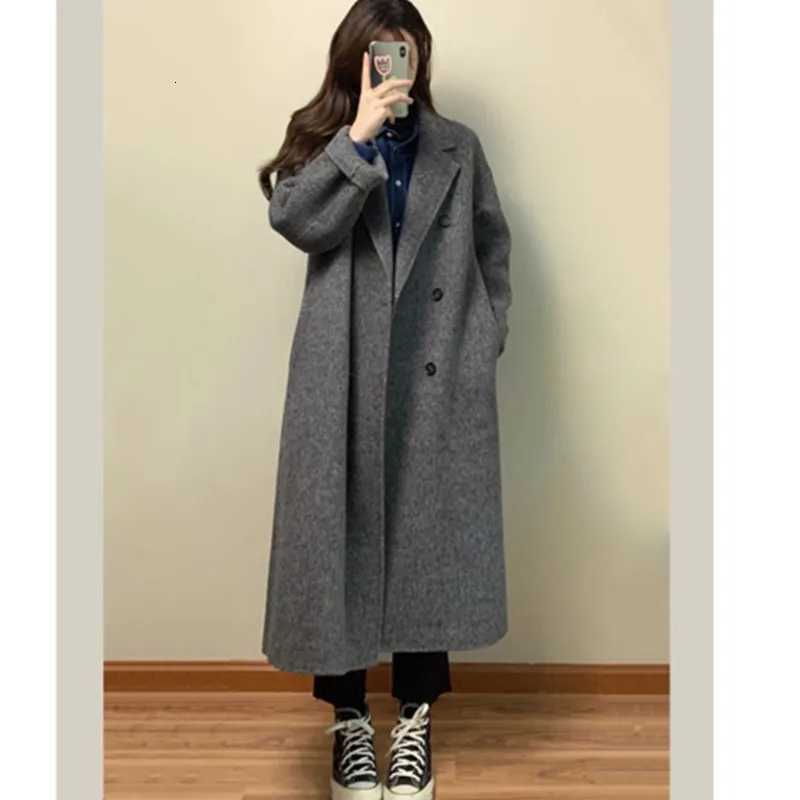Grey Doublesided Cashmere Coat Womens 2025 Winter New Korean version Loose Thick Down Woolen Coats Solid Casual Long OvercoatT251101