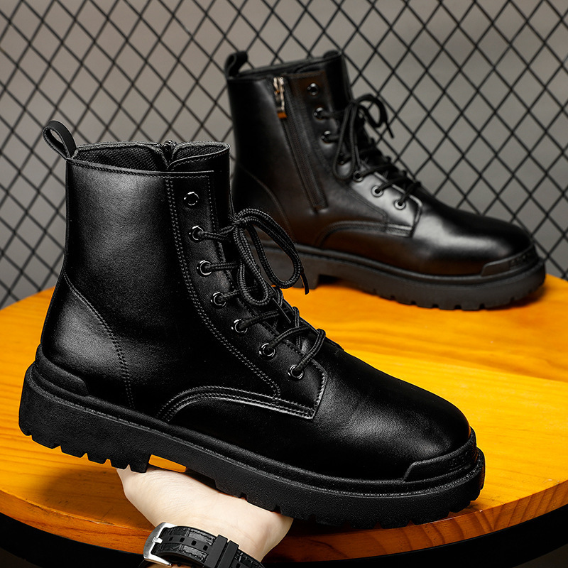 Martin boots mens spring new high cut thick soled motorcycle workwear boots black leather shoes mens trendy British style boots 240615