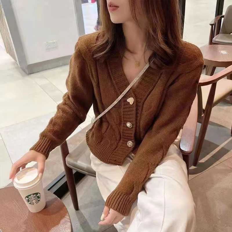 Korean Fried Dough Twists Long Sleeved Cardigan Vneck Knitting Top Womens Fashion New Casual Sweater Elegant Solid KnitwearT251101