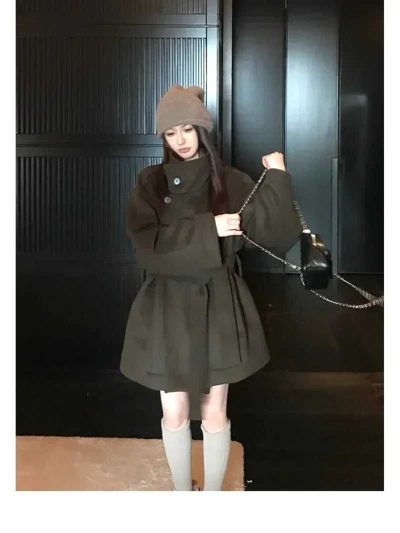 MiiiiX Casual Stand Collar Loose Woolen Coat Midlength Versatile Jacket Laceup Waist Outerwear 2024 Autumn Womens ClothesT251101