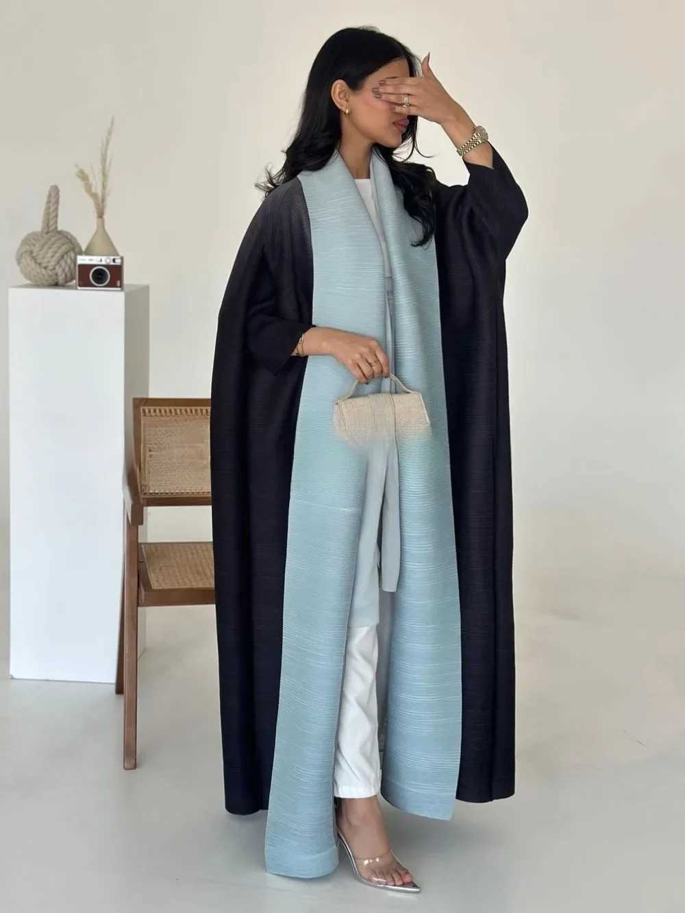 Slim pleated Abaya elastic open dress Eid al Fitr womens Maxi Ctan cardigan wool sweater printed in Dubai Ktan Islam Vestitos Jalabiya W250401