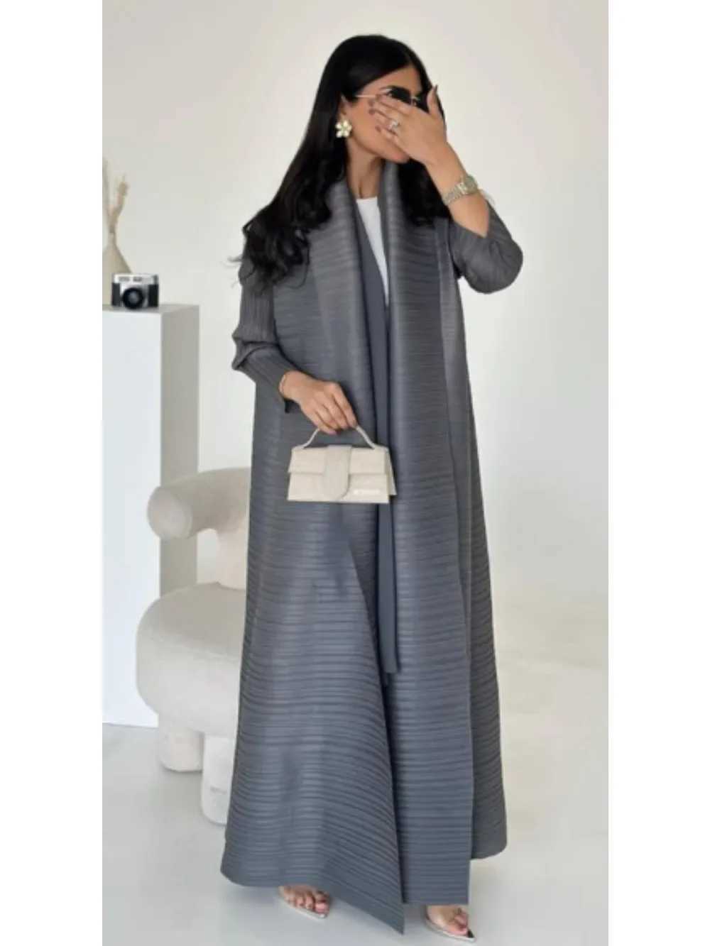 Slim pleated Abaya elastic open dress Eid al Fitr womens Maxi Ctan cardigan wool sweater printed in Dubai Ktan Islam Vestitos Jalabiya W250401