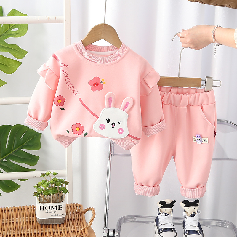 girls clothes 2025 Girls Bunny Hoodie Set 2-Piece Cartoon Print Tracksuit Casual Sports Style Comfortable Spring Fall Outfit