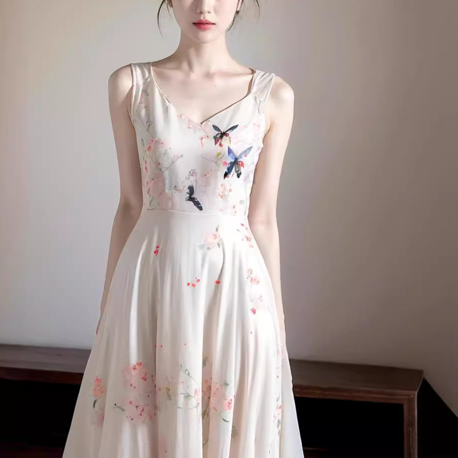 X3145 High quality popular beautiful butterfly element floral dress female summer new style white Qianjin style