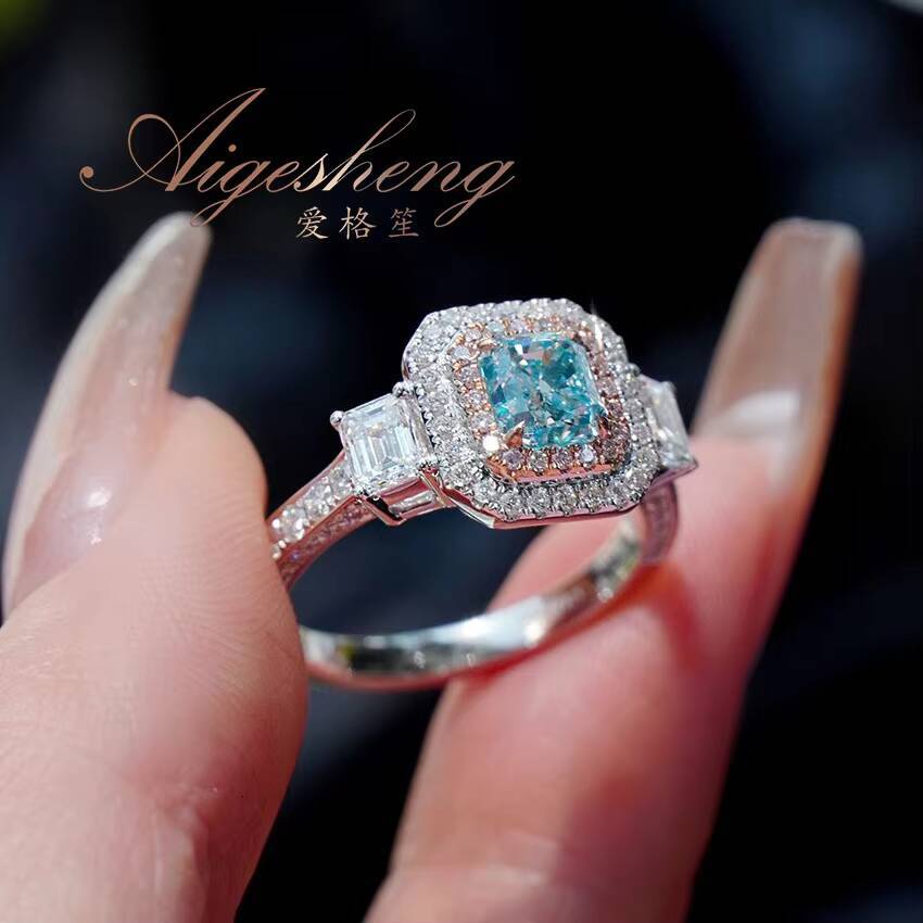 Aigesheng 18K White Gold and Natural White and Blue Diamond High End Wedding Ring Luxury Jewelry