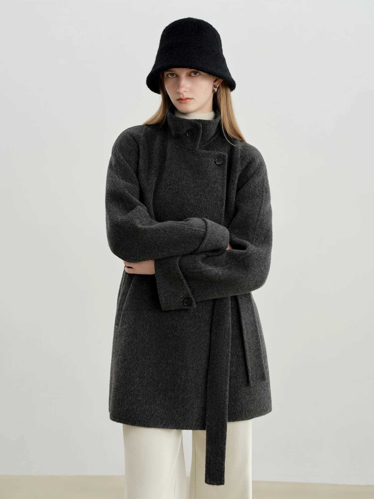 ZIQIAO Gray Wool Coat Women Laceup Loose French Style Temperament Simple Chic Ins 2025 Winter New Short Woolen CoatT251101