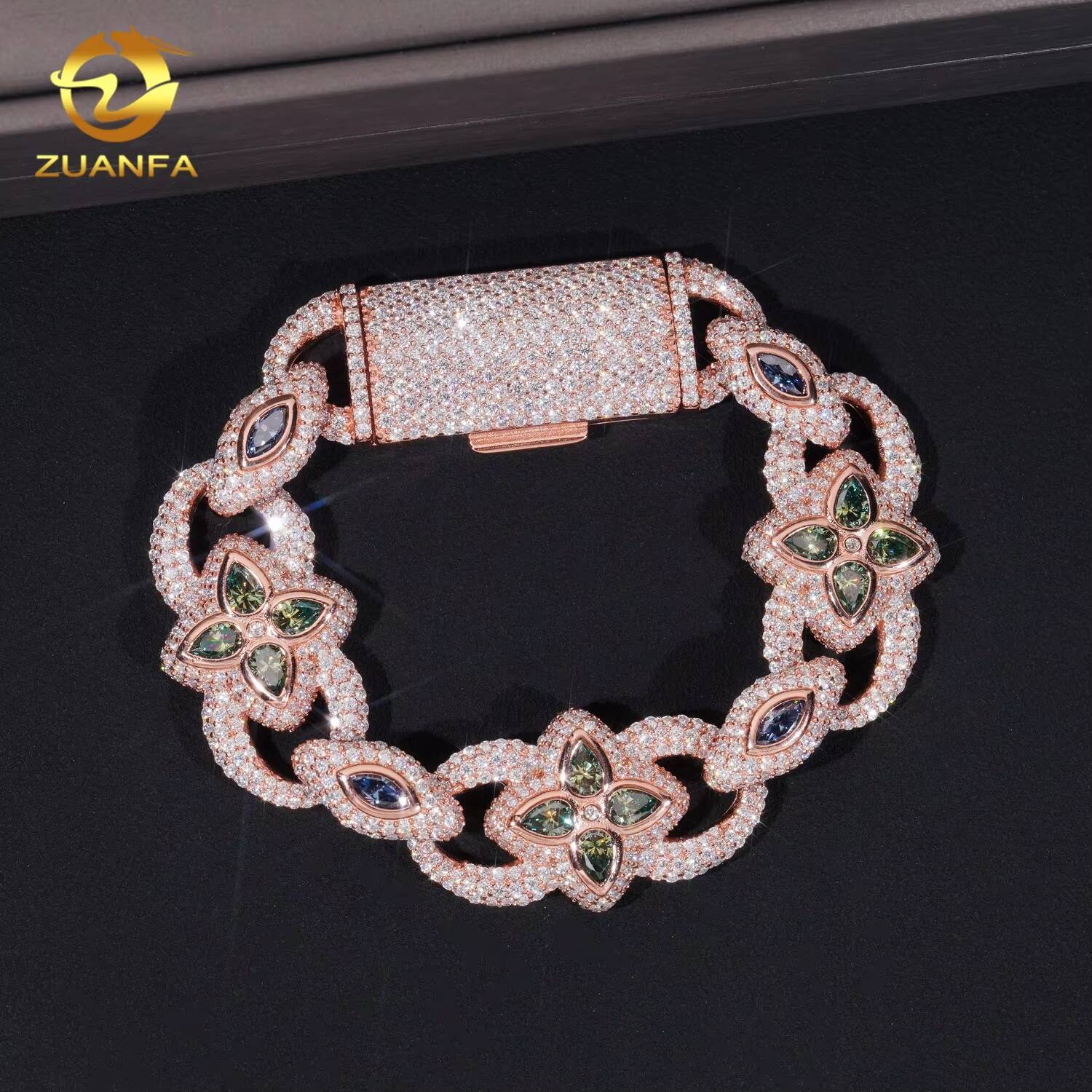Hip Hop Jewelry 20mm VVS Color Moissanite Cuban Link Bracelet 925 Silver Pass Tester Flower Moissanite Bracelet Rapper Jewelry