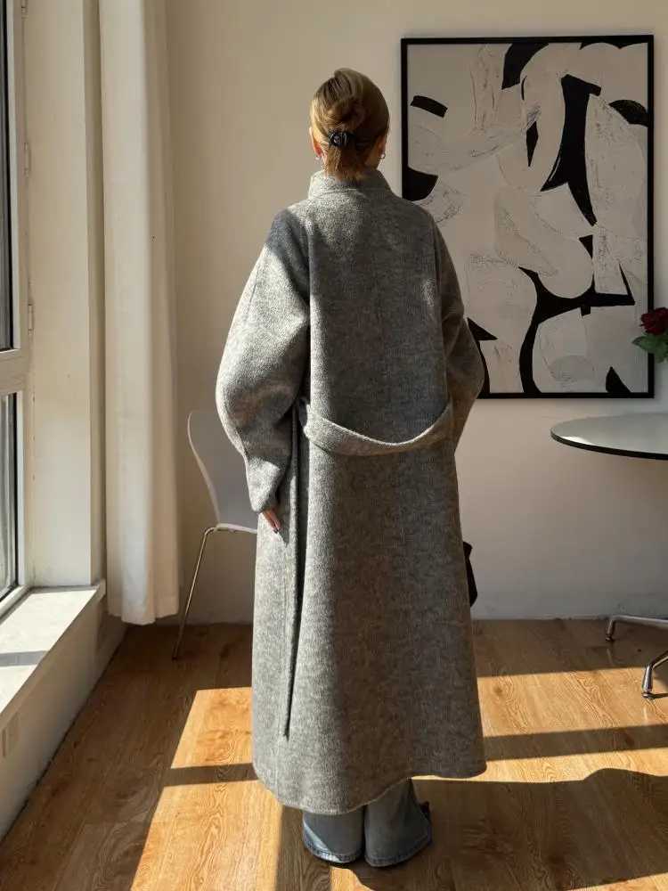 Office Lady SingleBreasted Woolen Jackets 2025 Autumn And Winter Suit Collar LaceUp Loose Long Womens 100 Wool CoatsT251101