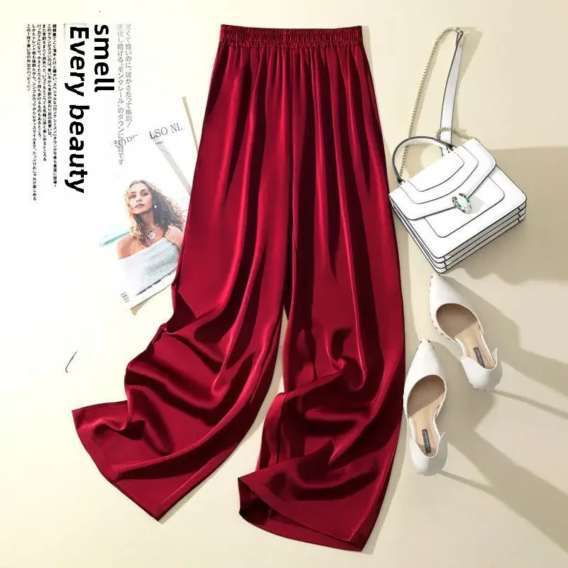 Womens High Ice Silk Draped Bell Bottoms Slim Fit Straight Leg Pants Smooth Acidic Silk Face Trousers Spring Summer Autumn250324
