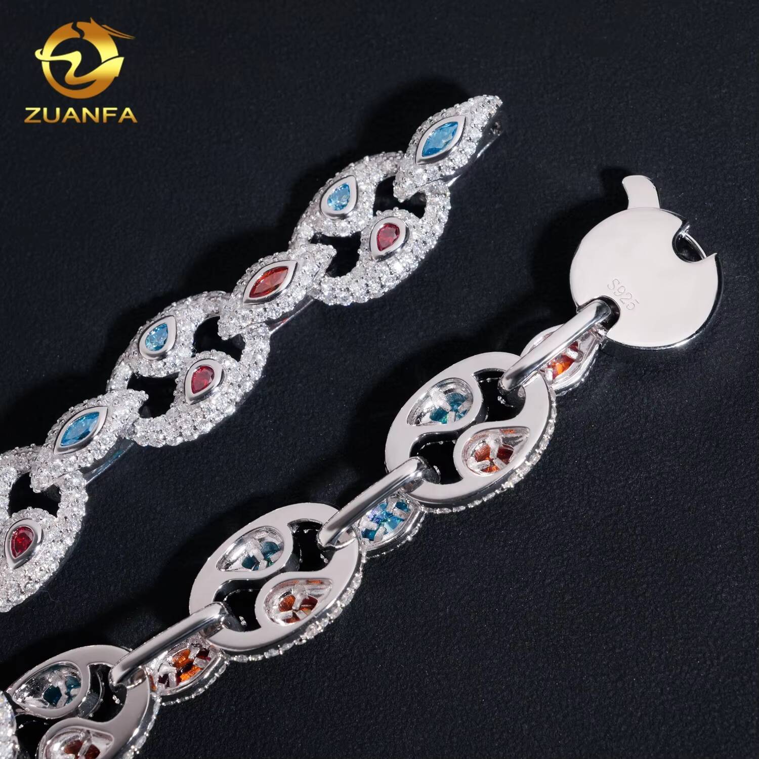 Top Quality 16mm Iced Out Color Diamond Moissanite GRA Certificate 925 Silver Hip Hop Bracelet