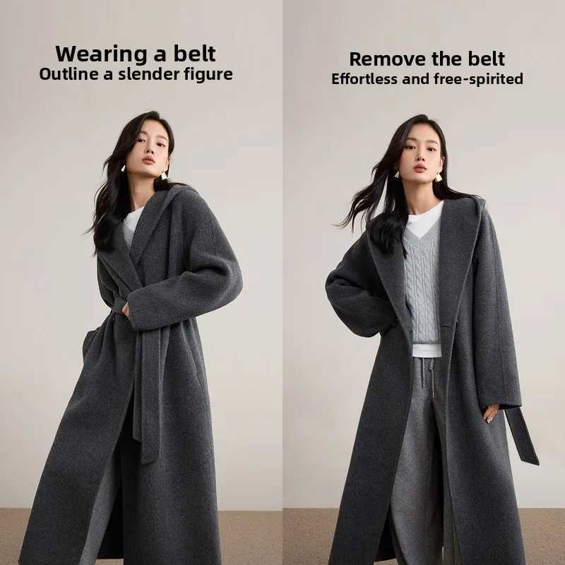 SENTUBILA Women 100 Wool Double Faced Coat 2025 Winter Hooded Long Bathrobe Style Coat Warm Dropped Shoulder Overcoat W54OC2736T251101