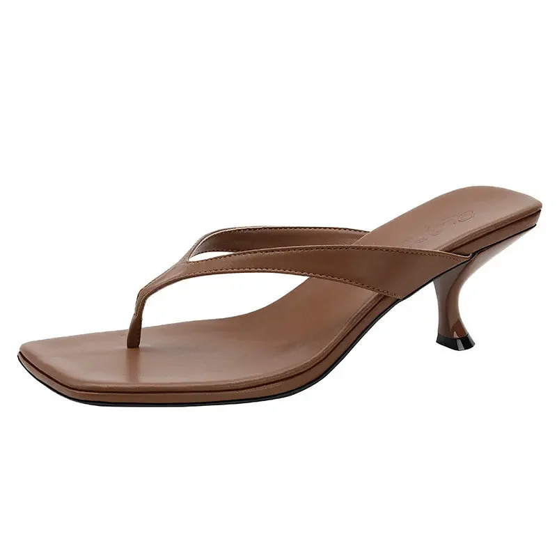 French square toe high-heeled shoes with slim heels summer fashion clip toe flip flops temperament kitten heel sandals 250401