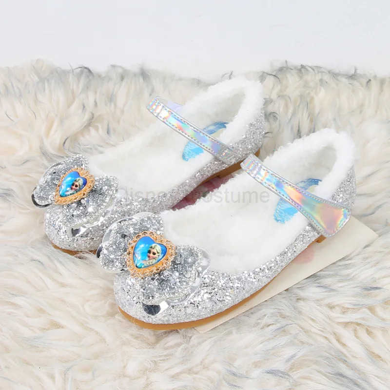 Disney Princess Girls Shoes Frozen Elsa Shoes Performance Party Warm Winter Flats Bow Sequin Pink Blue White Shoes Size 2336 H251101