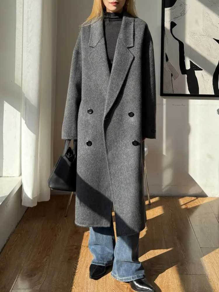 Office Lady DoubleBreasted Alpaca Woolen Jackets 2025 Autumn And Winter HighEnd Lapel Long Loose Womens Wool CoatsT251101