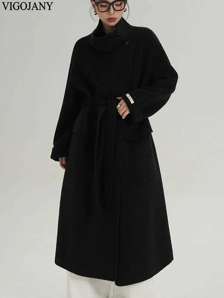 Winter Women Elegant Nature 100 Wool Long Coat 2025 Stand Collar Loose Cashmere Jacket Autumn Lady Black Casual Woolen CoatT251101