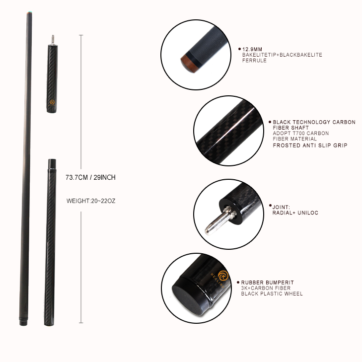 3-PC Carbon Fiber Cue Stick Break Jump Carbon Pool Cue Stick 3K Black Technology Bakelite 13.8mm 1247mm/48in 20oz Billiard Stick