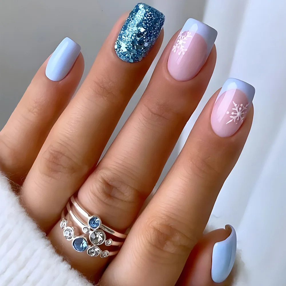 24pcs Short Christmas False Nails Glitter Sequins Snowflake Press on Nails Square Head Artificial Nail Tips Girl Christmas Gifts 251028