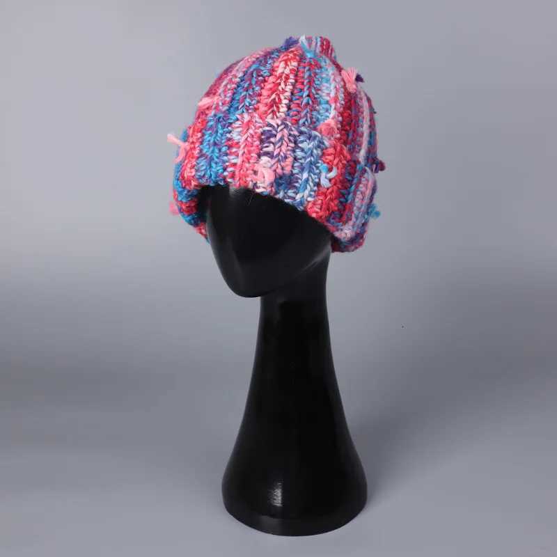 Japanese Style Sweet Knitted Beanie Cap Women Colorful Stripes Handknitted Fashionable Trendy Thick Yarn Wool Warm Beanie CapXJ251101