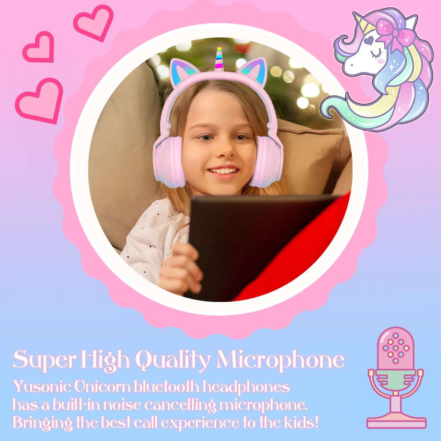 YUSONIC Cute Unicorn Wireless Bluetooth 5.3 Earphones LED Battery Flash Lamp TF Card Support Birthday Gift for Kids Girls