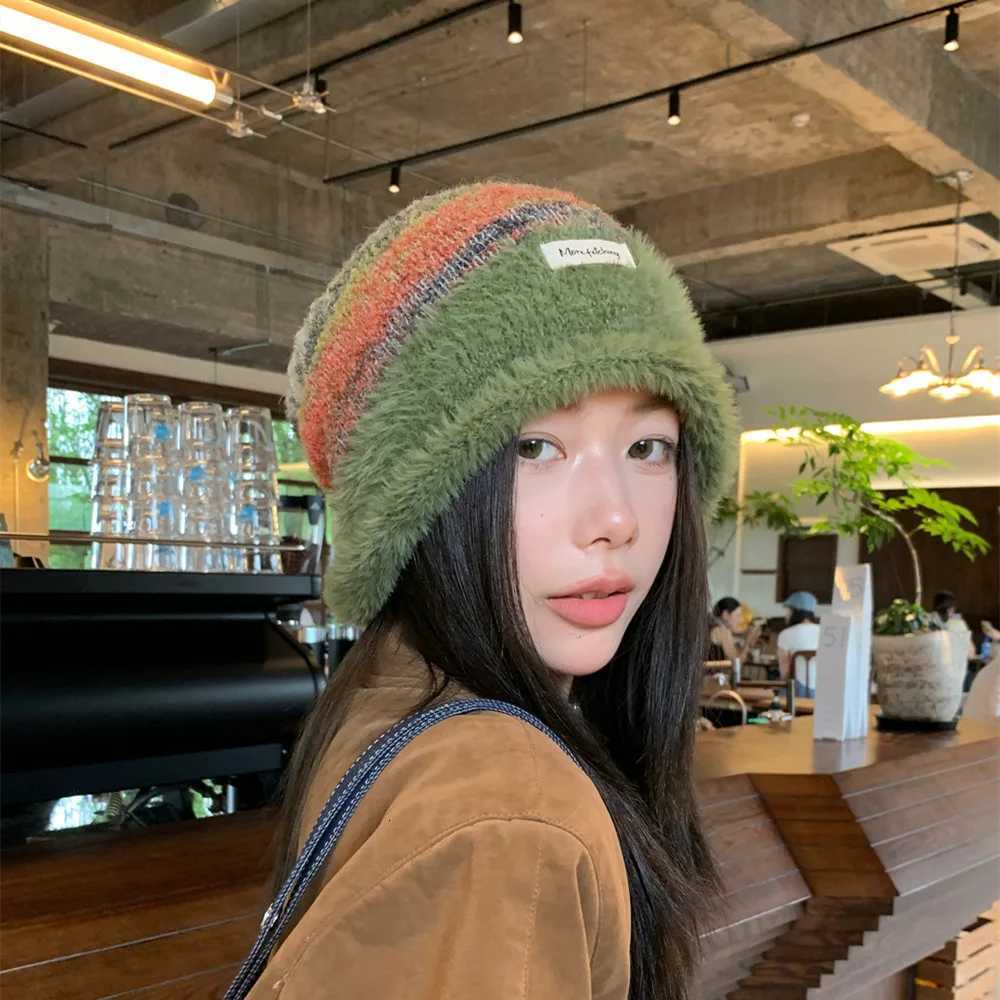 Rainbow Color Block Slouchy Beanie Women Thermal Knitted Winter Hat with Ear Flaps Fashion Outdoor Snow Sports Stretch FitXJ251101