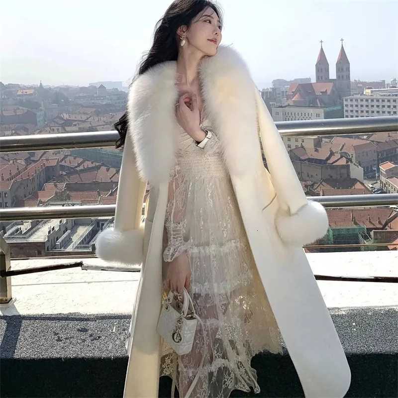 2025 Fox Fur Wool Overcoat Womens Long Coat Office Lady Elegant Doublesided Woolen Coat 2025 New Cardigan Jackets LooseT251101