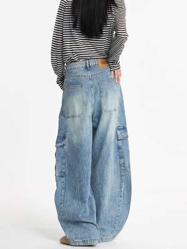 Americanstyle Washed LightningStitch Patchwork Oversized Pocket Workwear Pants Unisex Oversized Fit Denim Trousers Soft J251031