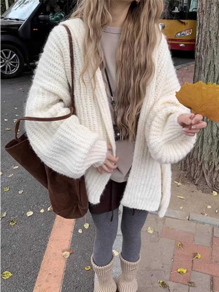 Fashion New Womens Loose Long Sleeve Elegant Cardigan Sweater Hooded Lantern Sleeve Solid Color Knitted Casual TopT251101