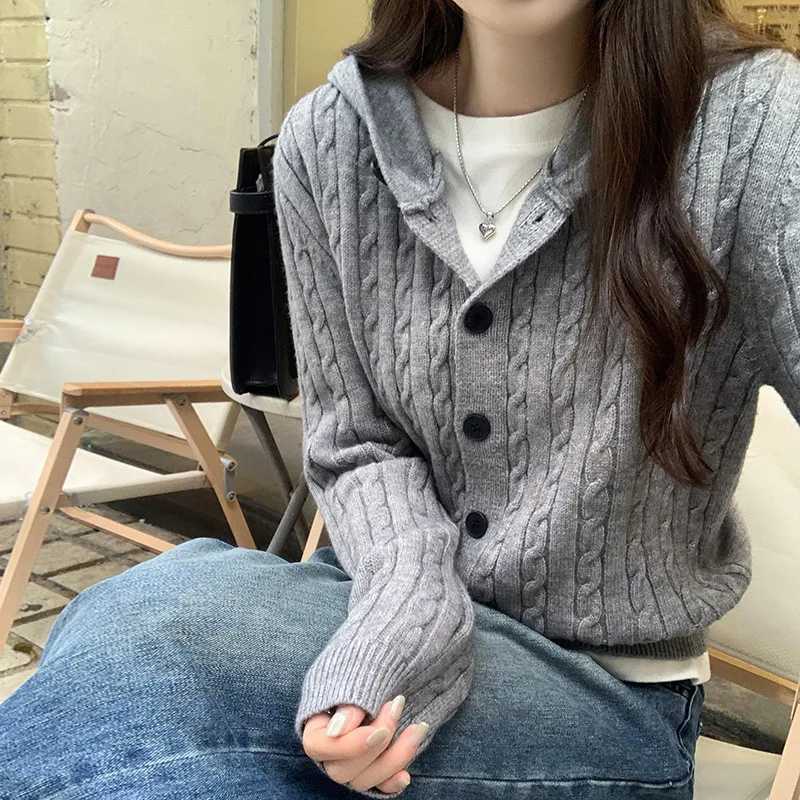 Gray Twist Knitted Cardigan Jacket Women Autumn New Vintage AllMatch Hooded Sweater Coat Fashion Single Breasted Hoodies WomanT251101