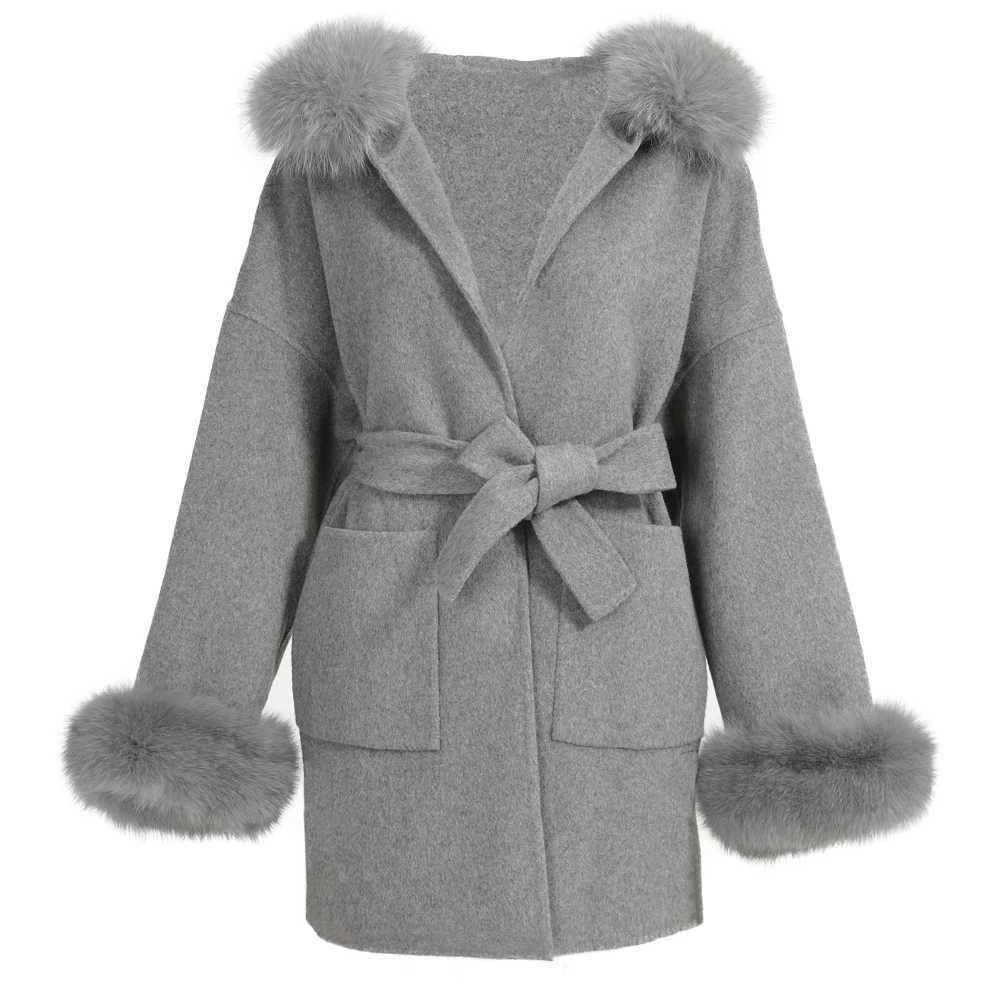 Jxwatcher Wool Coat and Blends Fashion Medium Length Cashmere Jacket Hooded 100 Real Fox Fur Collar Cuffs Winter Coat for WomenT251101