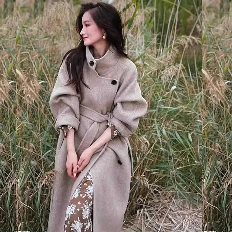 2025Notch Lapel Wool Coat DropShoulder Women 100 Wool Loose Overcoat DoubleLayers Autumn Winter Long Jacket Thick Trench CoatT251101
