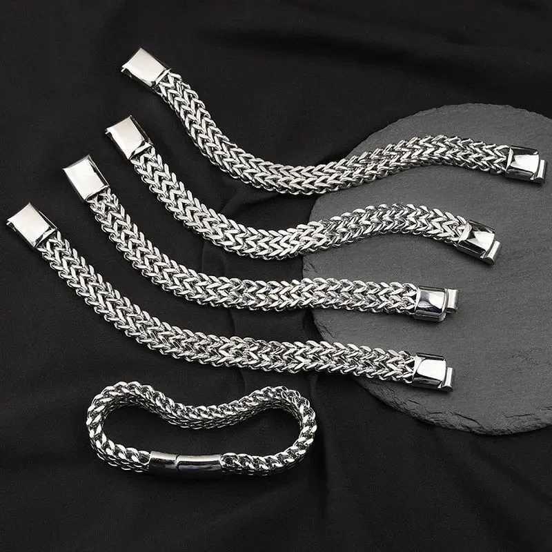 Stainless steel woven double row metal bracelet with magnetic buckle mens personalized hip-hop rock party punk jewelry Y250329