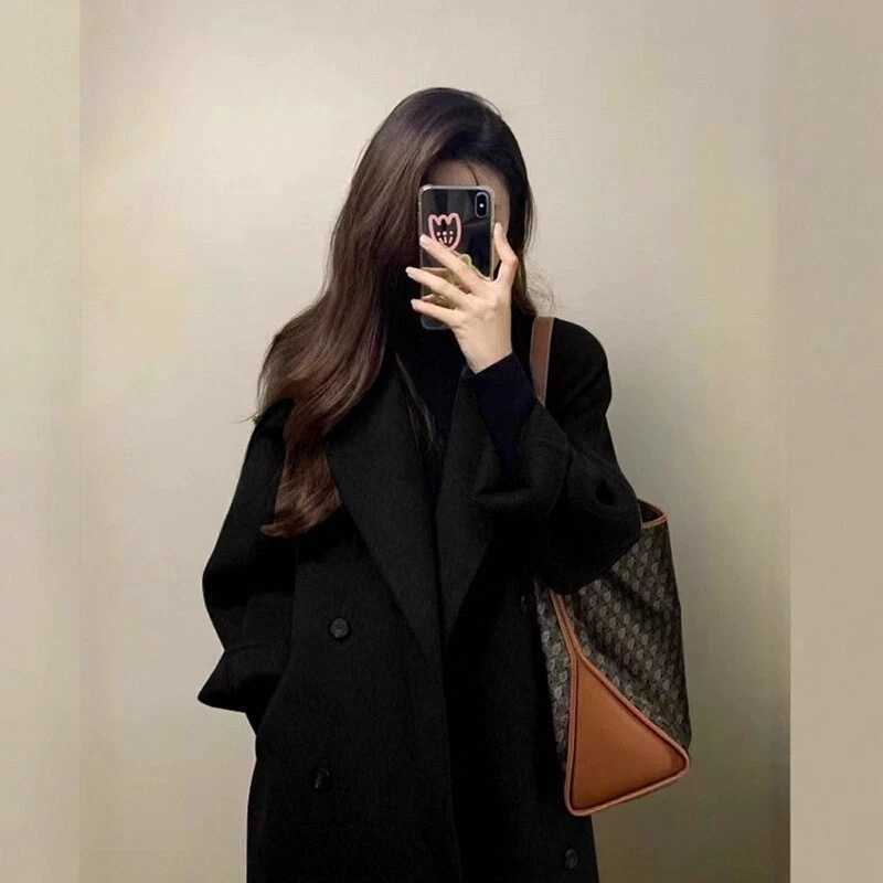 Grey Doublesided Cashmere Coat Womens 2025 Winter New Korean version Loose Thick Down Woolen Coats Solid Casual Long OvercoatT251101