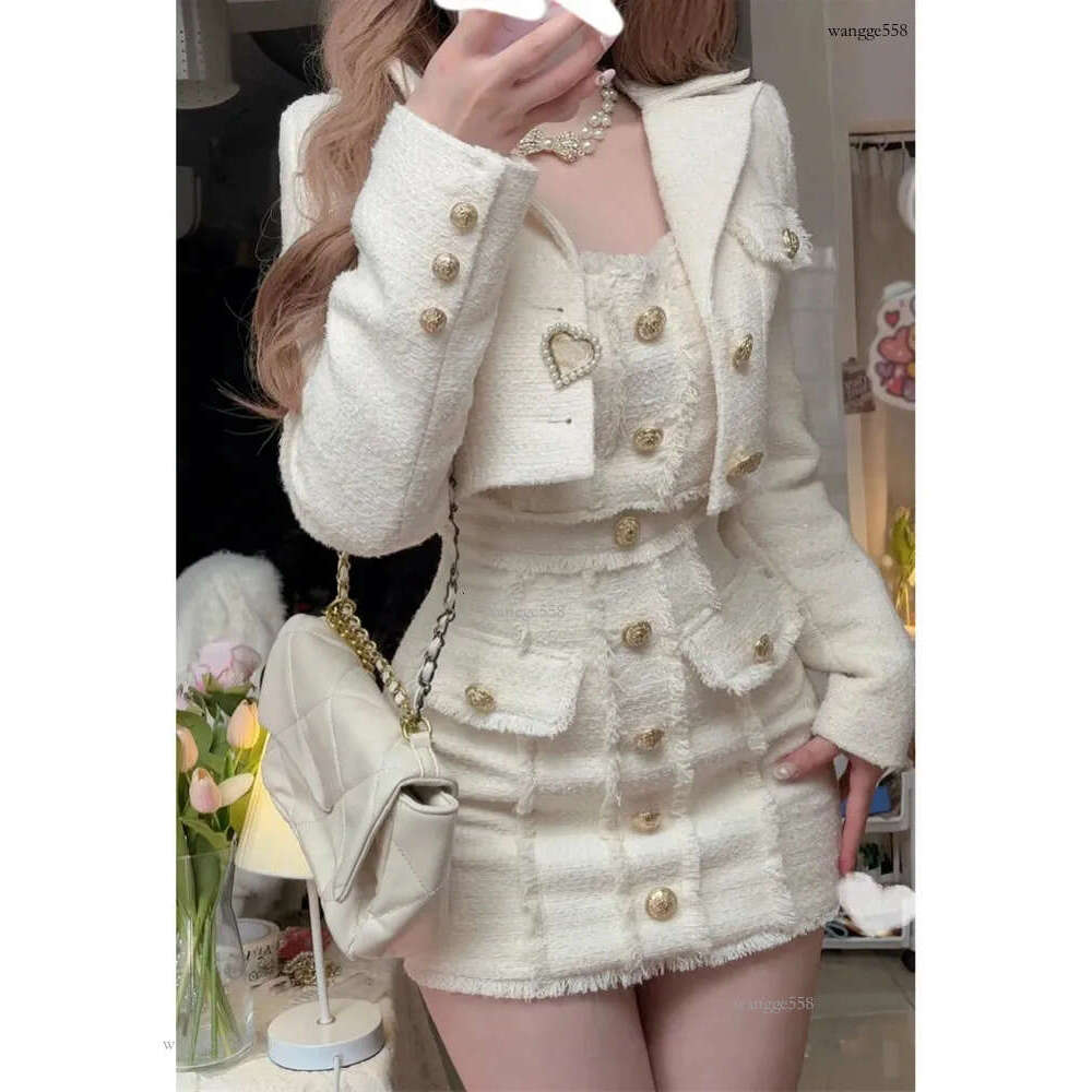 Korean style elegant retro two-piece set womens sweet wool short jacket with tassel mini dress set womens fashion set 241023