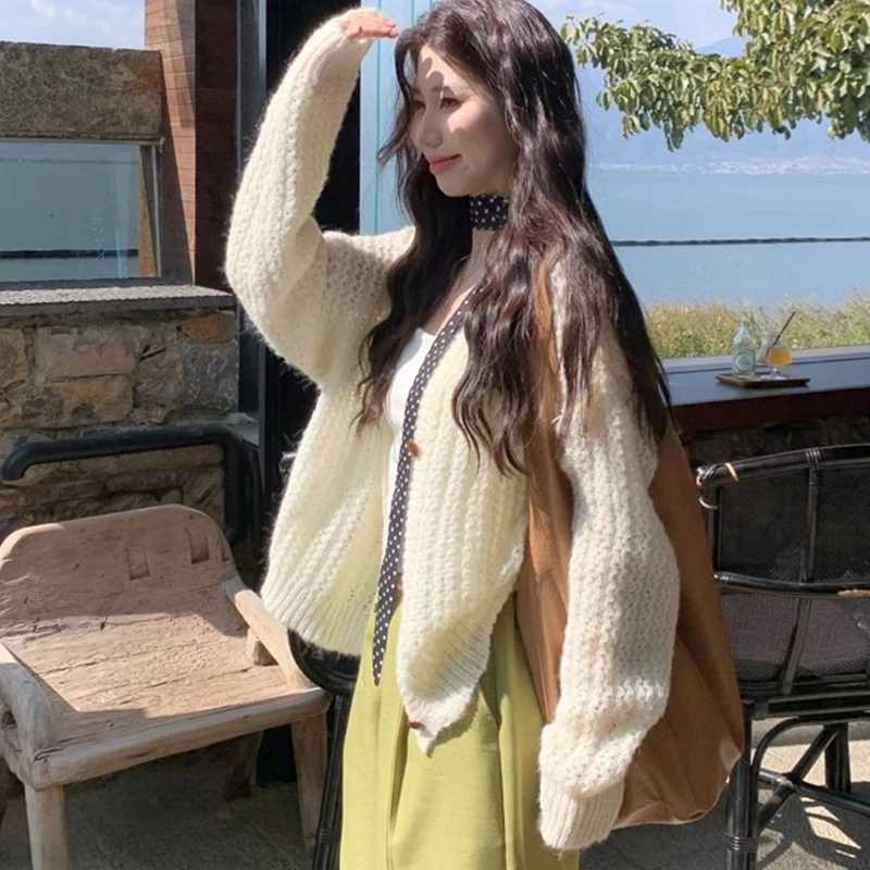 V Neck Loose Long Sleeve Cardigan Sweater Womens Autumn Knitted Casual Coats New Fashion Solid Simple Elegant Versatile TopT251101