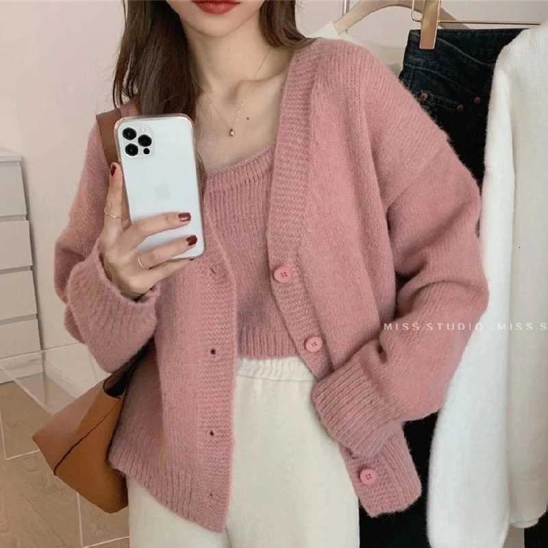 2025 Autumn Winter Korean Knitted Twopiece Set of Solid Color Long Sleeve VNeck Cardigan and Sleeveless Vest Casual KnitwearT251101