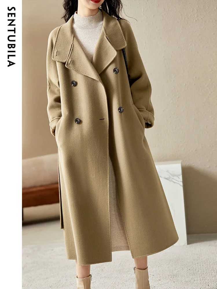 SENTUBILA Womens Long Woolen Overcoats 2025 Winter Outerwear Elegant Turtleneck Warm Double Breasted Belt Wrap Coat W24O42064T251101