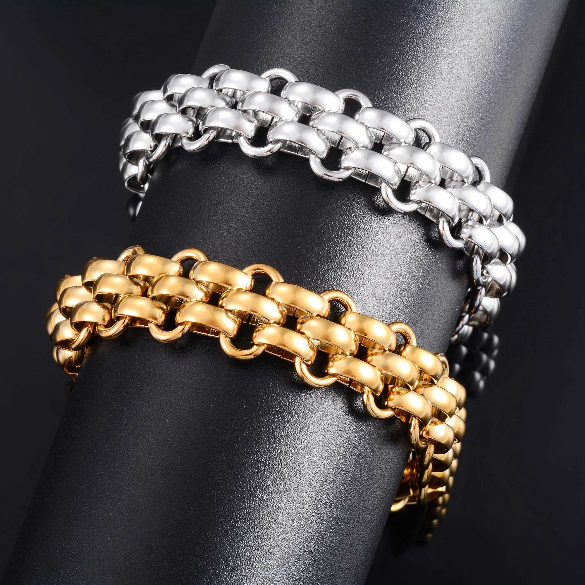 13.5mm wide heavy-duty stainless steel bracelet block chain mens punk bracelet hip-hop boy ankle wristband metal jewelry Y250329
