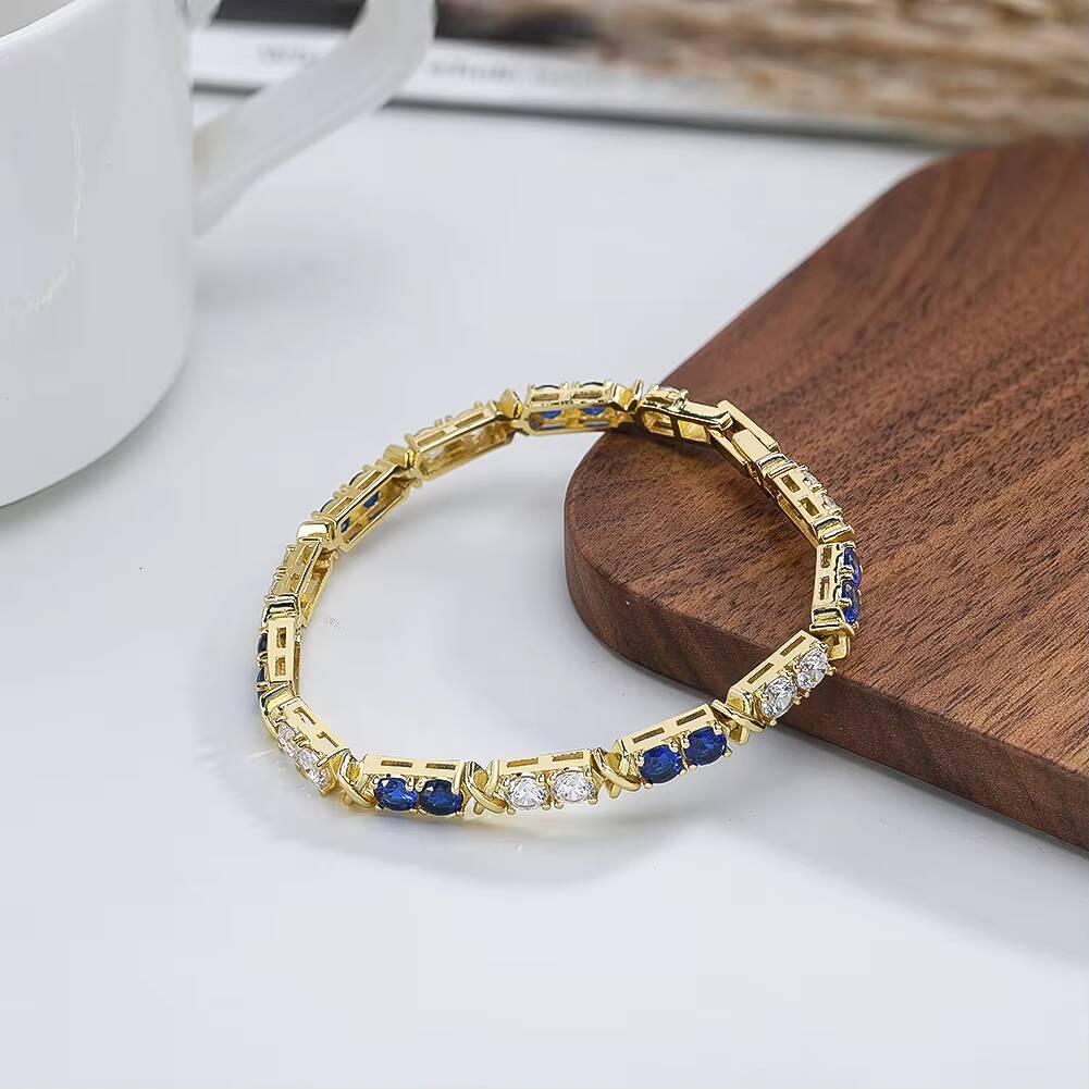SB206 RINNTIN Dazzling 3mm 4mm Round Cut 5A ClearSapphire Blue CZ Prong Setting Gold Tennis Bracelet Silver Bracelet Jewelry
