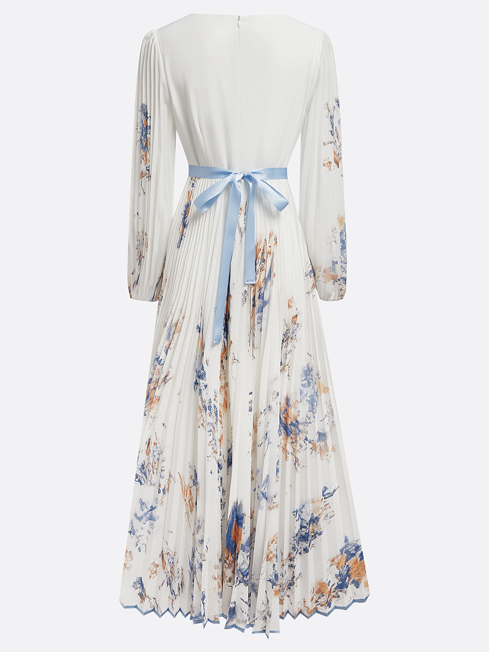 Women's Floral Print Pleated Maxi Dress, Deep V-Neck Long Sleeve Belted Evening Gown for Party & Formal Events