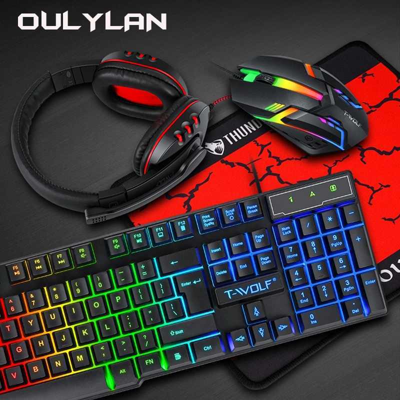 Oulilan T-WOLF 4-in-1 keyboard and mouse head set mouse pad wired gaming home office computer accessories illuminated keyboard z250401