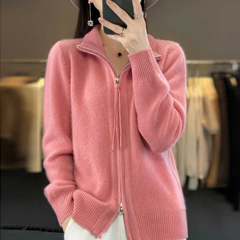 Autumn And Winter New Thick TwoWay Zipper Wool Cardigan Womens Loose Casual Sweater Solid Color Knitted Cashmere CoatT251101