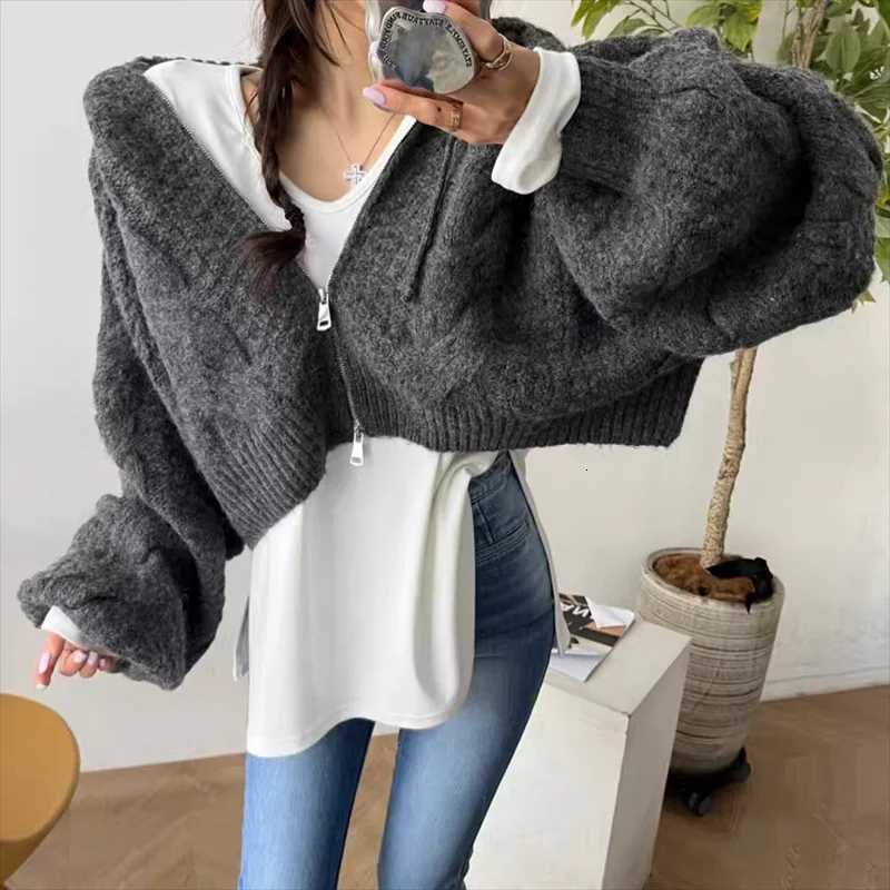 Autumn Solid Crop Top New Fashion Long Sleeve Zipper Knitted Cardigan Women Casual Loose Hooded Womens Short Sweater JacketT251101