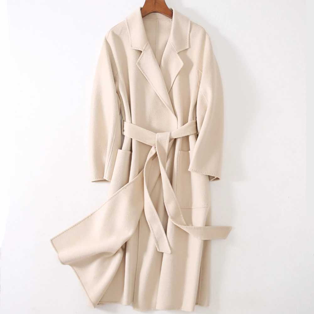 Womens Cashmere Trench Coat DoubleSided Long Wool Jacket Water Ripple Loose Luxury Outwear for Spring AutumnT251101
