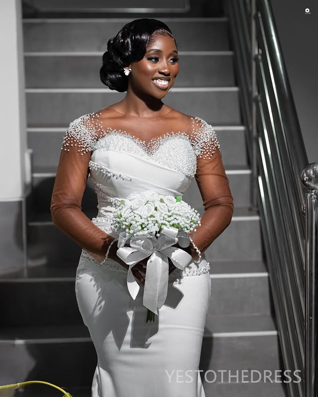 2025 Plus Size Mermaid Wedding Dress Bridal Gowns For Bride Detachable Train Sheer Neck Illusion Long Sleeves Beaded Lace Wedding Gowns For Black Wome