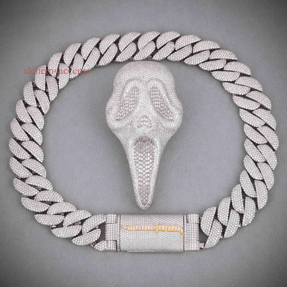 Moissanite Ghost Face Pendant Cuban Chain Iced Out Hip Hop Necklace in 925 Silver Custom Bling Jewelry for Men