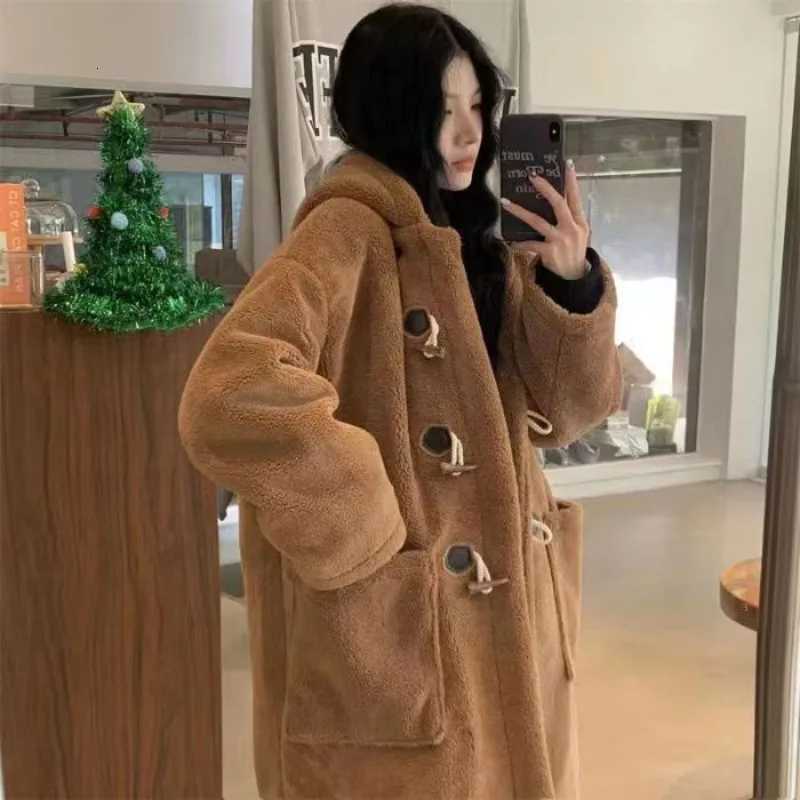 Midlength Wool Coat Women Autumn and Winter Double Breasted Solid Color Long Sleeve Preppy Style Office Lady Hooded Coat FemaleT251101