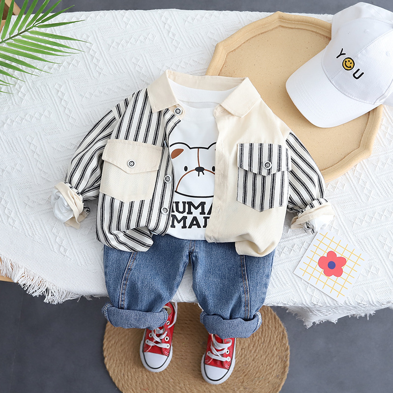 kids designer clothes 2025 Boys Shirt Set Striped Patchwork Long Sleeve Outfit Korean Style Spring Toddler Clothes