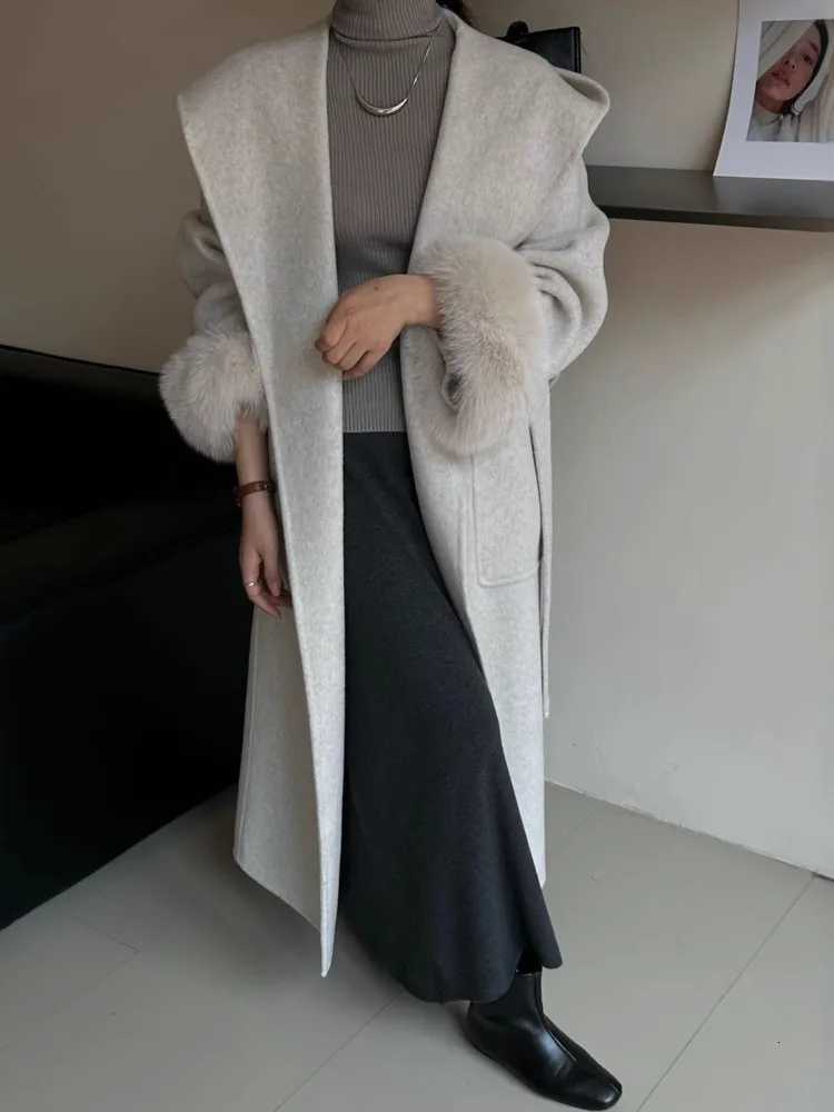 ZMEENNA Womens Long Wool Blend Coat Oversized Hooded Faux Fur Cuff Tie Belt Warm Winter Outerwear Elegant ZM4436T251101